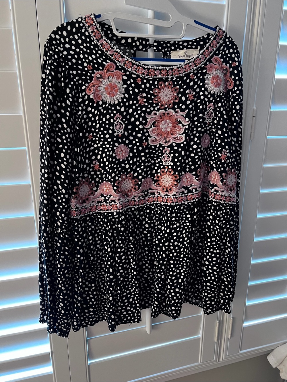 Embroidered Polka Dot Peplum Blouse - Black with Pink Accents